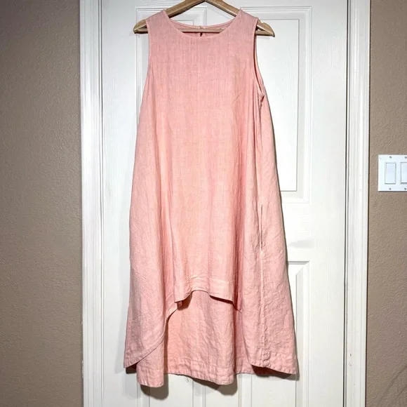 Magic Linen Royal Toscana Asymmetrical Sleeveless Pink Oversized Dress Pockets S - Picture 3 of 10